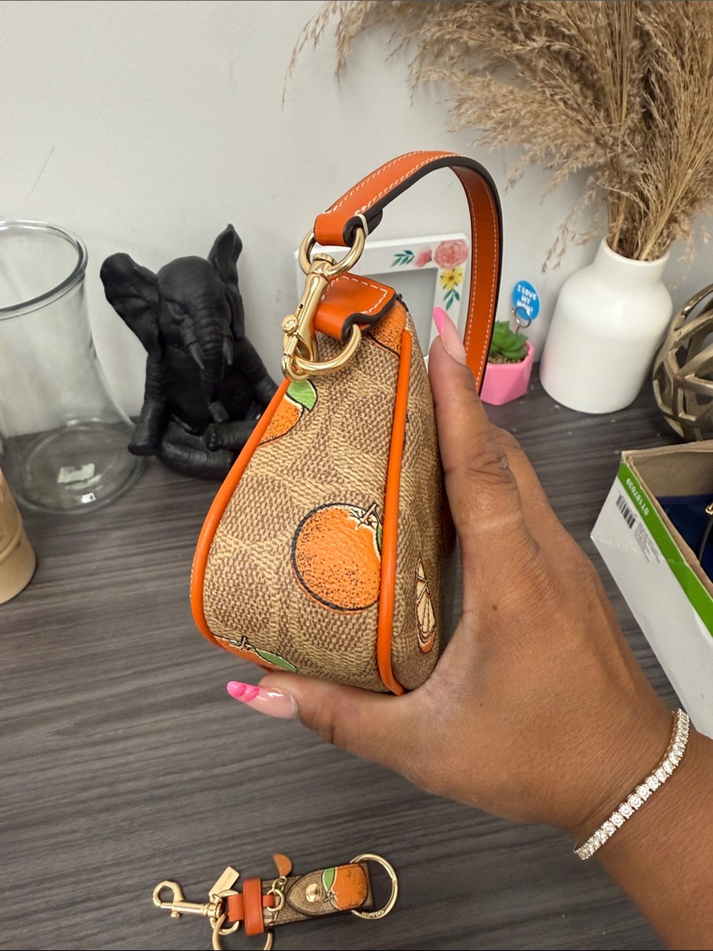 Coach Nolita Orange Print Signature Shoulder Wristlet & extender- Brown/Orange - Picture 4 of 9